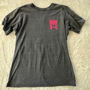 Under Armour Womens HeatGear Go The Distance T-Shirt Gray Pink MD Semi-Fitted